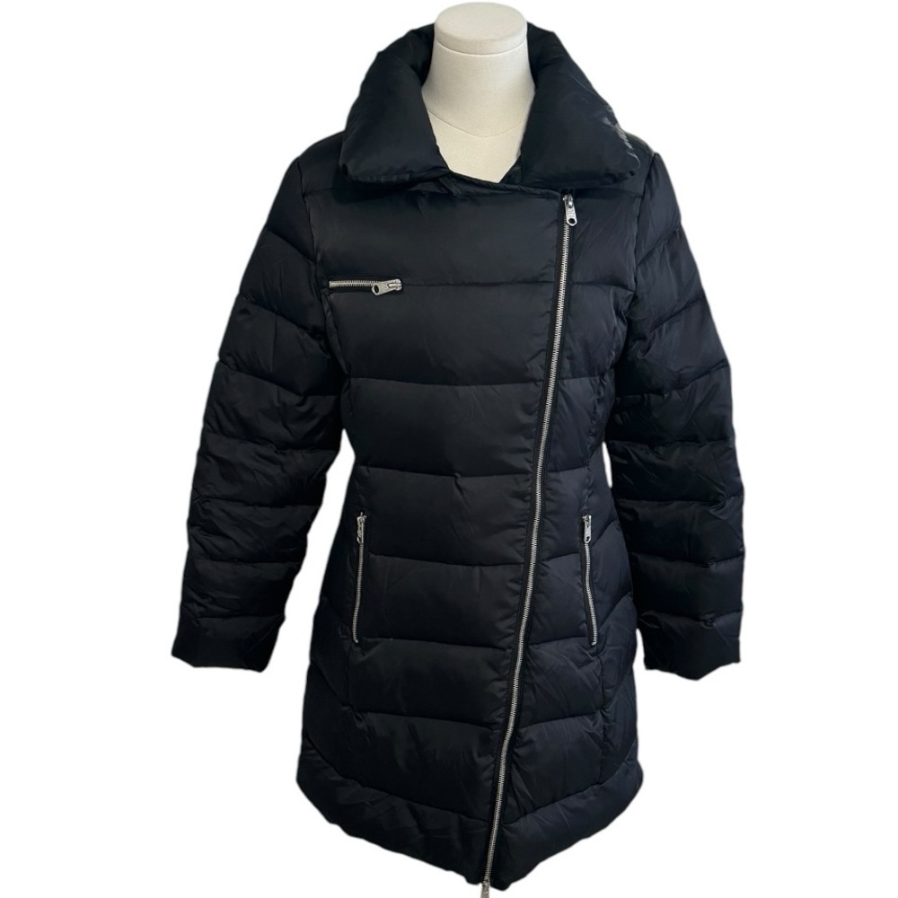 COP. COPINE Long Black Coat Asymmetrical Zipper Sz 40‎ M L Turbo Doudoune Down